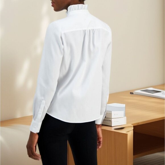 Anne Klein Womens Ruffled Stand Collar Cotton Blouse White Size L Defected - Picture 2 of 4